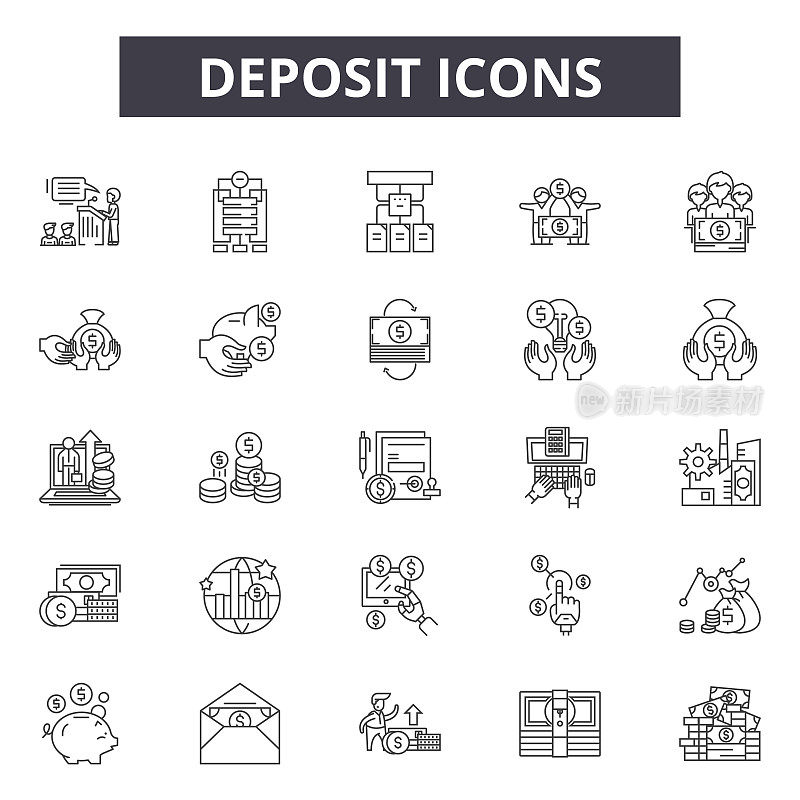 Deposit line icons, signs set, vector. Deposit outline concept, illustration: deposit,money,cash,finance,bank,currency,business,banking